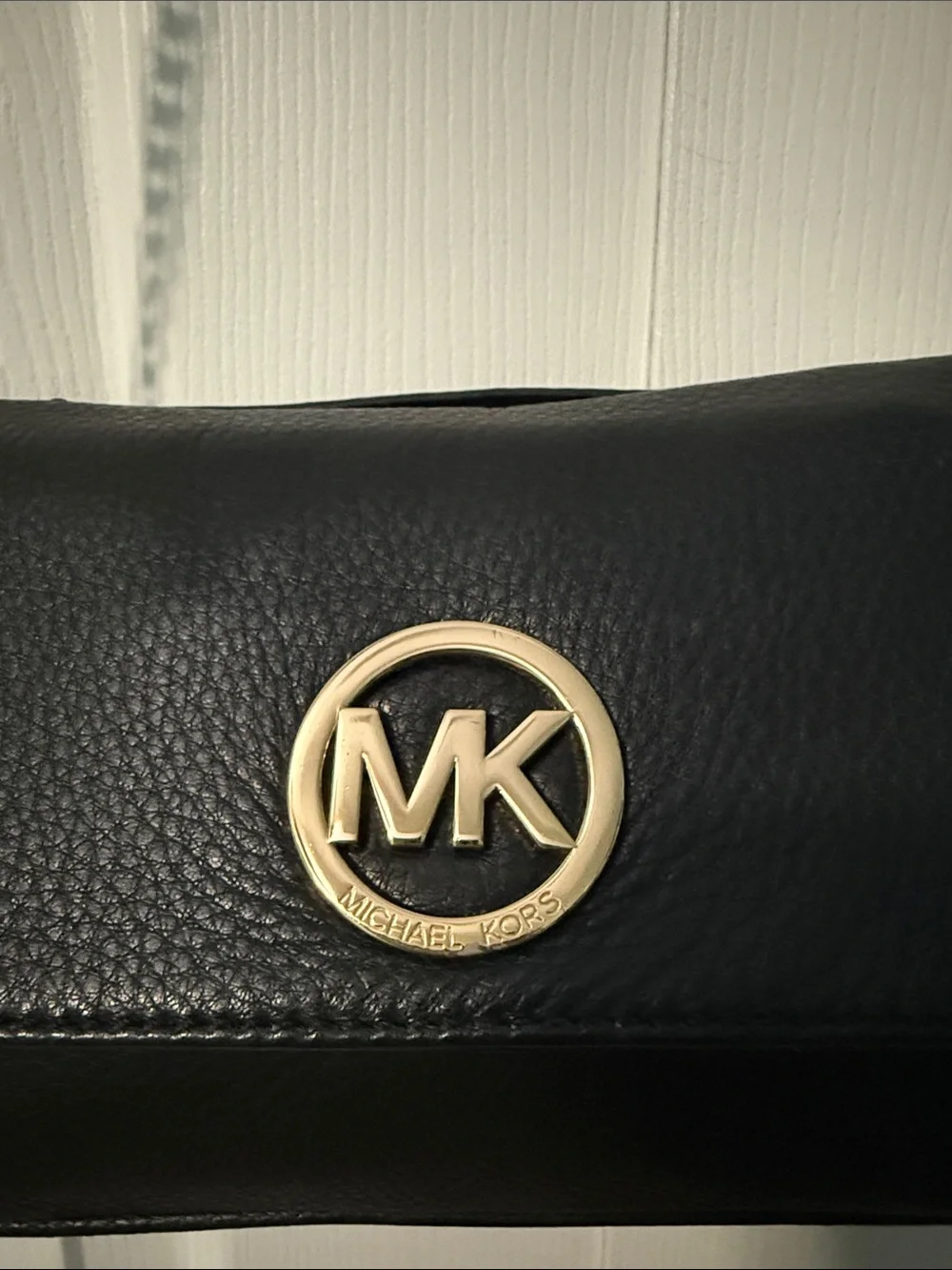 Michael Kors Black Leather Shoulder Bag with Gold MK Emblem